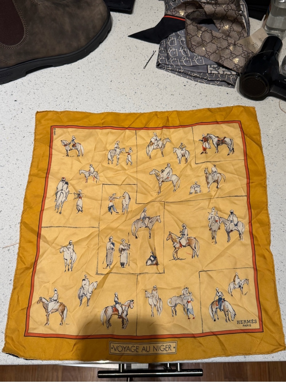 Hermes Voyage au Niger Silk Scarf - Mustard, Red Accent